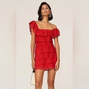 SHOW ME YOUR MUMU Lucy Red Lace Off-Shoulder Mini Dress